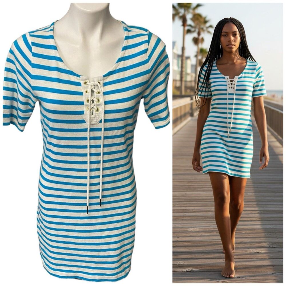 Gap Dress Womens Medium Blue Stripe Nautical Grommet Lace Up White Coastal Work